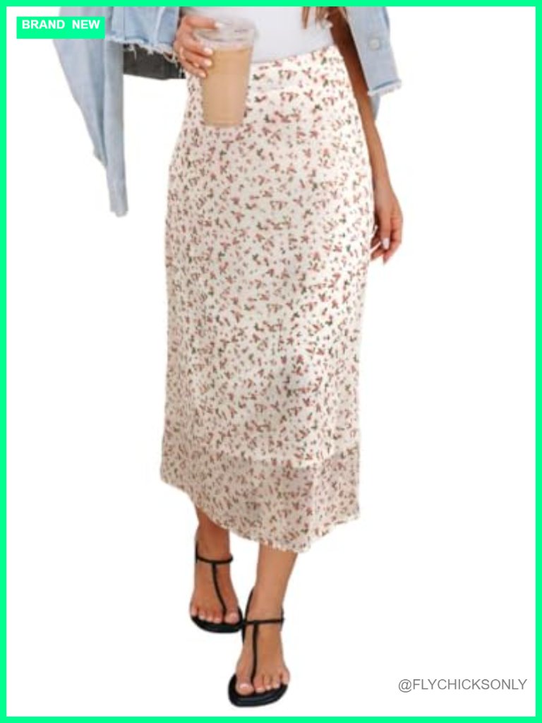 Floral Print Chiffon Midi Skirt With High Elastic Waist Zipper